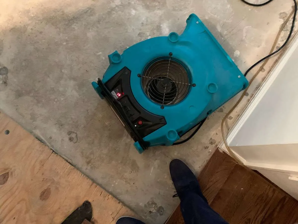Air mover drying subfloor during Leak Detection & Repair in Chickasaw